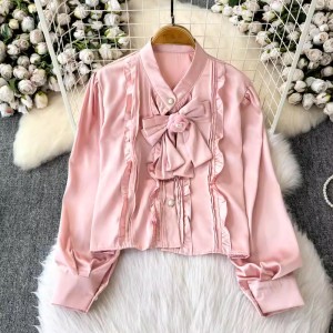 Detachable camellia bow French style small fragrance stand up collar shirt women's satin Western style socialite top