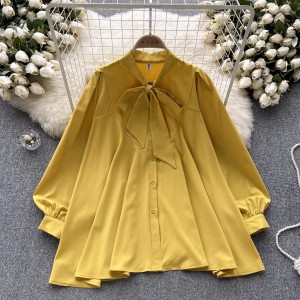 French retro style high-end long sleeved shirt for women's new style with loose bow design, super fairy style light luxury top