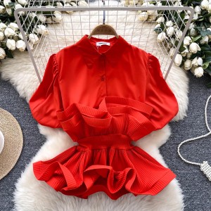 European and American light luxury high-end Polo collar shirt for women in autumn with ruffled edges, waist cinched, bubble sleeves, design, temperament, and trendy top