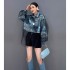 2024 autumn new printed denim shirt with organza long sleeved short jacket design, fashionable and loose women's clothing