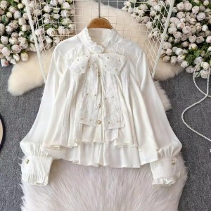 Sweet and versatile lace shirt for women in autumn 2024, chic and loose fit, slimming bow long sleeved top