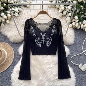 Sweet and Spicy Girl Versatile Thin Perspective Mesh T-shirt Female Heavy Industry Butterfly Embroidery Horn Long Sleeve Short Western Top