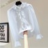 Tassel studded lantern sleeve shirt Korean version loose slimming solid color pleated ruffle edge long sleeved shirt