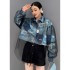 2024 autumn new printed denim shirt with organza long sleeved short jacket design, fashionable and loose women's clothing