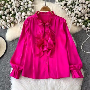 Light luxury socialite style shirt for women's autumn design, niche three-dimensional flower slimming and anti-aging ruffle edge stand up collar shirt top