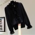 Tassel studded lantern sleeve shirt Korean version loose slimming solid color pleated ruffle edge long sleeved shirt