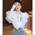 French top women's fashion style high-end French ruffle edge hollow lace shirt