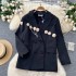 Vintage street flower chain loose black suit jacket for women, French niche three-dimensional rose set diamond OL suit