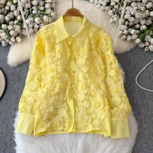 High end, light luxury temperament, collar slimming top design, niche single breasted hook flower hollow lace shirt for women