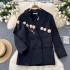 Vintage street flower chain loose black suit jacket for women, French niche three-dimensional rose set diamond OL suit