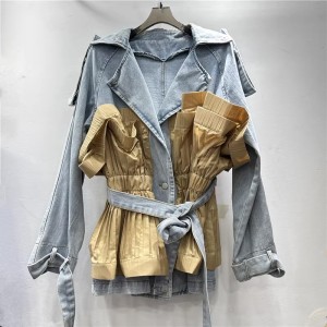 Fashionable temperament lapel denim jacket 2024 new commuting design sense, contrasting color splicing ruffle edge denim jacket for women