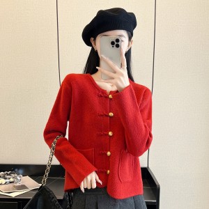 Real time shooting of plus size women's clothing with new Chinese style buckle, high-end feeling, socialite, small fragrant style sweater, cardigan jacket, women's top