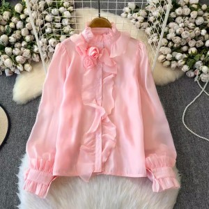 French retro palace style heavy industry ruffle edge shirt for women with a sense of high-end chiffon socialite stand collar and Western style shirt