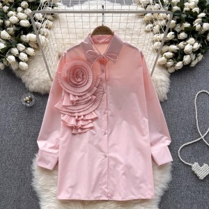 French style light luxury socialite style high-end long sleeved shirt for women in autumn and winter, three-dimensional flower design, niche super fairy style top