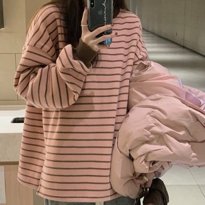 Hoodie for female students, pink striped long sleeved T-shirt, women's chic loose fit, 2024 autumn new item, thin round neck