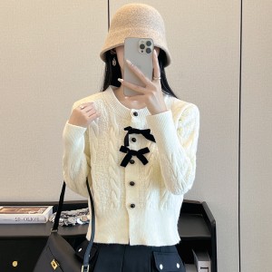 Real time shooting of plus size small fragrant style butterfly bow bright silk sweater cardigan for autumn and winter, new loose and sweet short knitted jacket