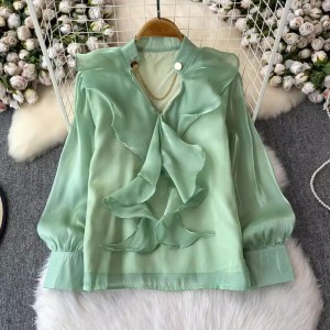 Light luxury and high-end women's 2025 spring new style French niche elegant temperament sweet ruffled chiffon shirt