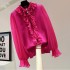 Tassel studded lantern sleeve shirt Korean version loose slimming solid color pleated ruffle edge long sleeved shirt