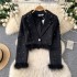 High end heavy industry diamond studded short jacket for women in winter 2024, with fur patchwork long sleeved suit collar top and small suit