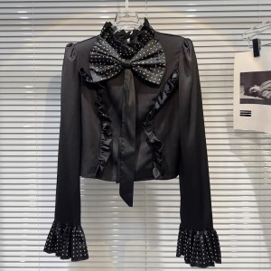 Internet celebrity's 2024 autumn new style French socialite hot pressed diamond butterfly tie, black fungus edge shoulder pad shirt, women's shirt