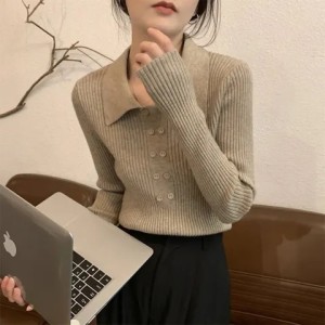 Knitted polo shirt collar long sleeved t-shirt for women's autumn 2024 new item, inner bottom shirt, slim fit and slimming French style top