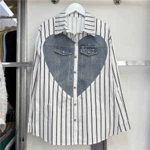 Design sense single breasted denim shirt for women, 2024 autumn and winter Korean version casual and stylish versatile patchwork striped top