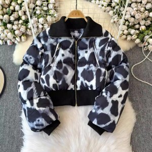 Tie dye down jacket for women in winter, thick and warm short style, stand up collar, checkerboard pattern, American trendy brand, high street down jacket jacket