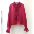 Tassel studded lantern sleeve shirt Korean version loose slimming solid color pleated ruffle edge long sleeved shirt