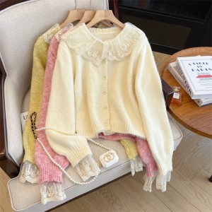 Real time shooting of plus size women's clothing with reduced age lace patchwork sweater, women's autumn and winter sweet style casual loose soft and sticky knitted jacket