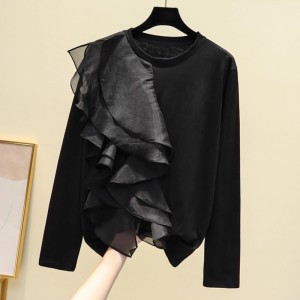 Korean style chic ruffled black long sleeved T-shirt for women's autumn and winter Hong Kong style retro design, niche high-end top