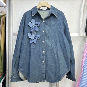 New European station light luxury heavy industry nail bead long sleeved hibiscus flower design denim shirt jacket