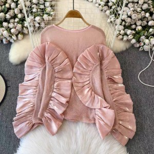 European new women's clothing niche design temperament round neck ruffle edge splicing yarn knitted top sweater for women