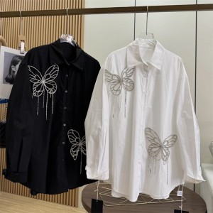 Heavy Industry French Light Luxury Three Dimensional Butterfly Design Long Sleeve Collar Shirt Top Loose silhouette Top 25 Early Spring