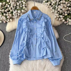 Drawstring pleated tassel design sense, lapel single breasted long sleeved shirt for women, loose and versatile, stylish and youthful top trend