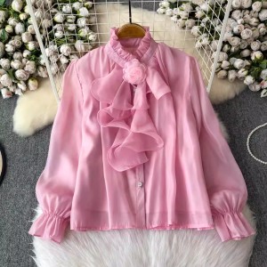 2024 autumn and winter new chiffon shirt women's design sense stand collar ruffle edge slim fit versatile French trumpet sleeve top