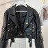 Black short PU leather jacket, women's jacket, new Hong Kong style explosive design, American high-end short stature