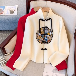 Live shot of large women's dress, red, foreign style, China-Chic design sense, new Chinese button heavy industry embroidery, stand neck sweater