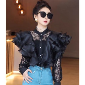 French top women's fashion style high-end French ruffle edge hollow lace shirt