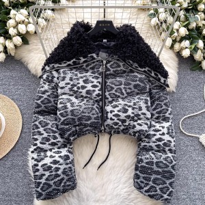 European and American Sweet Cool Fried Street Hairy Big Collar Shining Leopard Pattern Cotton Jacket Women's Drawstring Design Short Thick Coat