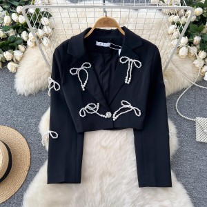 High end socialite, western-style pearl bow short jacket, women's versatile look, slim and short suit top