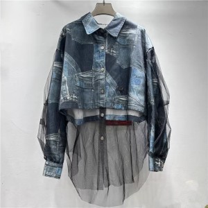 2024 autumn new printed denim shirt with organza long sleeved short jacket design, fashionable and loose women's clothing