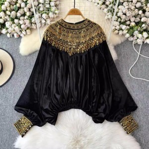 French court style sequins, gold velvet texture, design sense, niche fashion quality shirt, 2024 autumn and winter new product