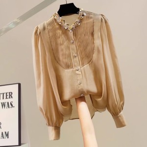 European station fashion heavy industry nail bead lace pleated temperament long sleeved shirt design sense slim fit versatile western-style top