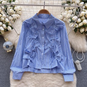 Korean style shirt for women with a niche design, drawstring pleated and stylish, versatile and age reducing bubble sleeve top for women, new style