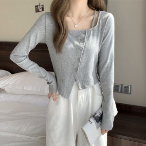 Irregular diagonal buckle slimming and slim fit short base shirt, long sleeved t-shirt, women's autumn chic plus size design sense