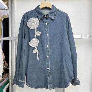 European station light luxury heavy industry nail bead long sleeved flower diamond buckle design feeling denim shirt jacket