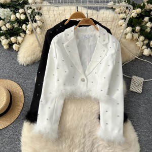 High end heavy industry diamond studded short jacket for women in winter 2024, with fur patchwork long sleeved suit collar top and small suit