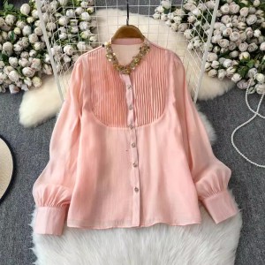 French heavy industry sequin shirt for women with a niche design, light luxury pleated nail bead small stand up collar doll shirt, top small shirt