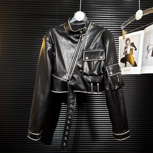 Cool and stylish leather jacket for women in autumn, spicy girls with polished edges, irregular pockets, PU leather jacket, short jacket