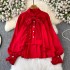 Sweet and versatile lace shirt for women in autumn 2024, chic and loose fit, slimming bow long sleeved top